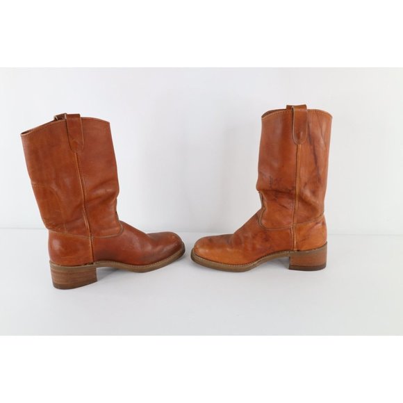 Vtg 70s Mens 8.5 E Distressed Steel Toe Leather Western Cowboy Boots Brown USA main image 5